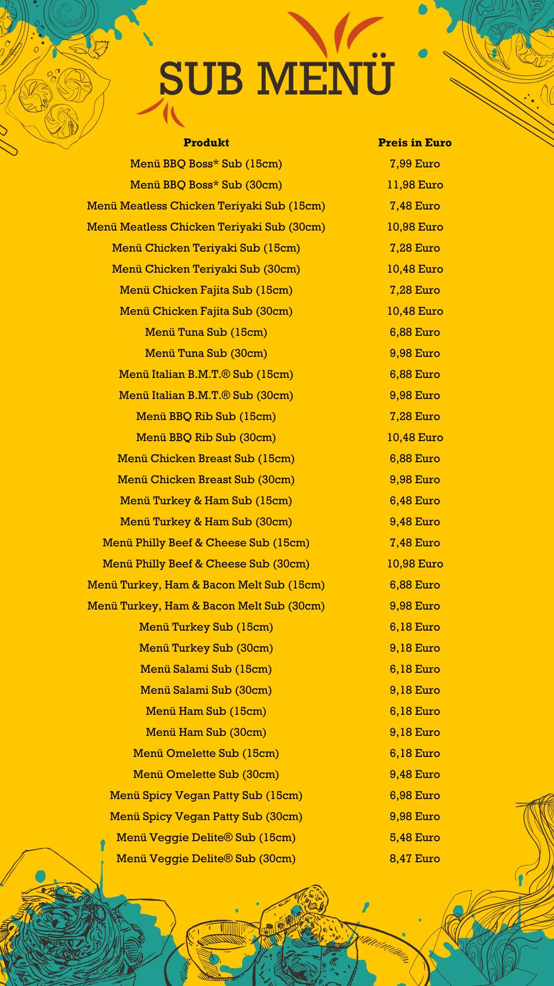 Sub Menü Subway Preise